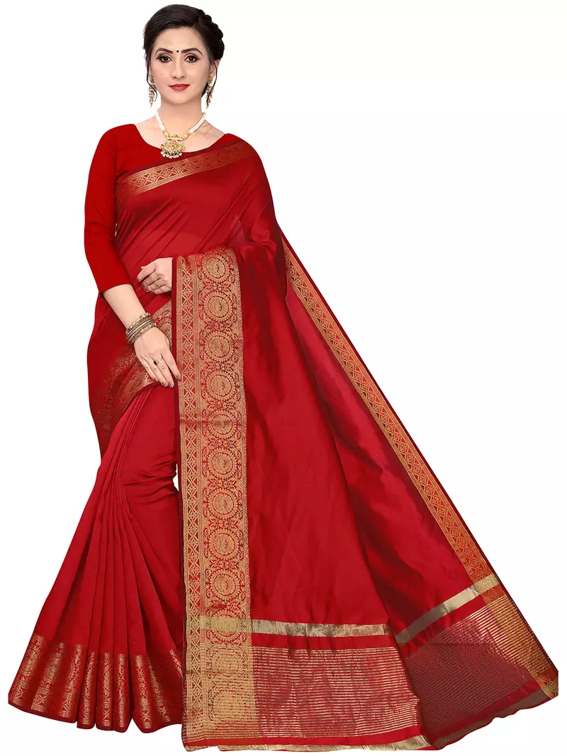 Leeza Store Women's Cotton Silk Golden Zari Border Jacquard Woven Plain Solid Saree with Unstitched Blouse Piece