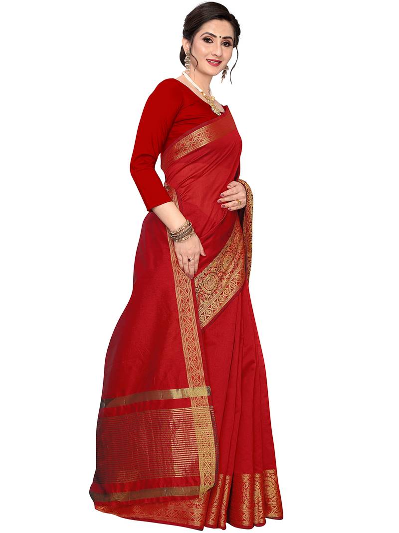 Leeza Store Women's Cotton Silk Golden Zari Border Jacquard Woven Plain Solid Saree with Unstitched Blouse Piece