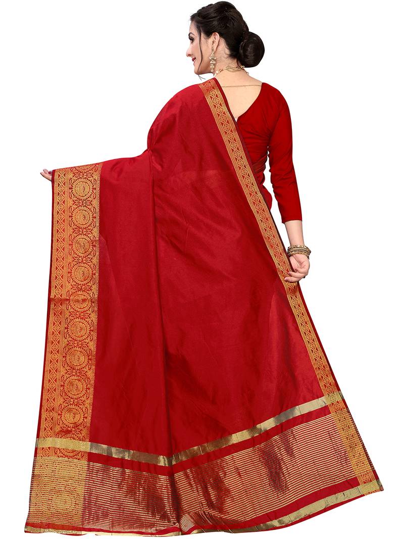 Leeza Store Women's Cotton Silk Golden Zari Border Jacquard Woven Plain Solid Saree with Unstitched Blouse Piece