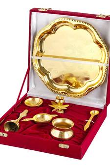International Gift Brass Silver Plated Om Pooja Thali Set in Luxury Velvet Box