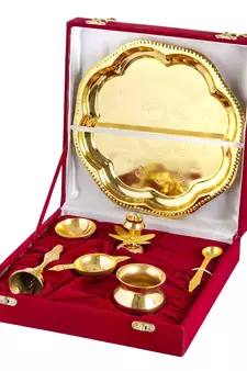 International Gift Brass Silver Plated Om Pooja Thali Set in Luxury Velvet Box