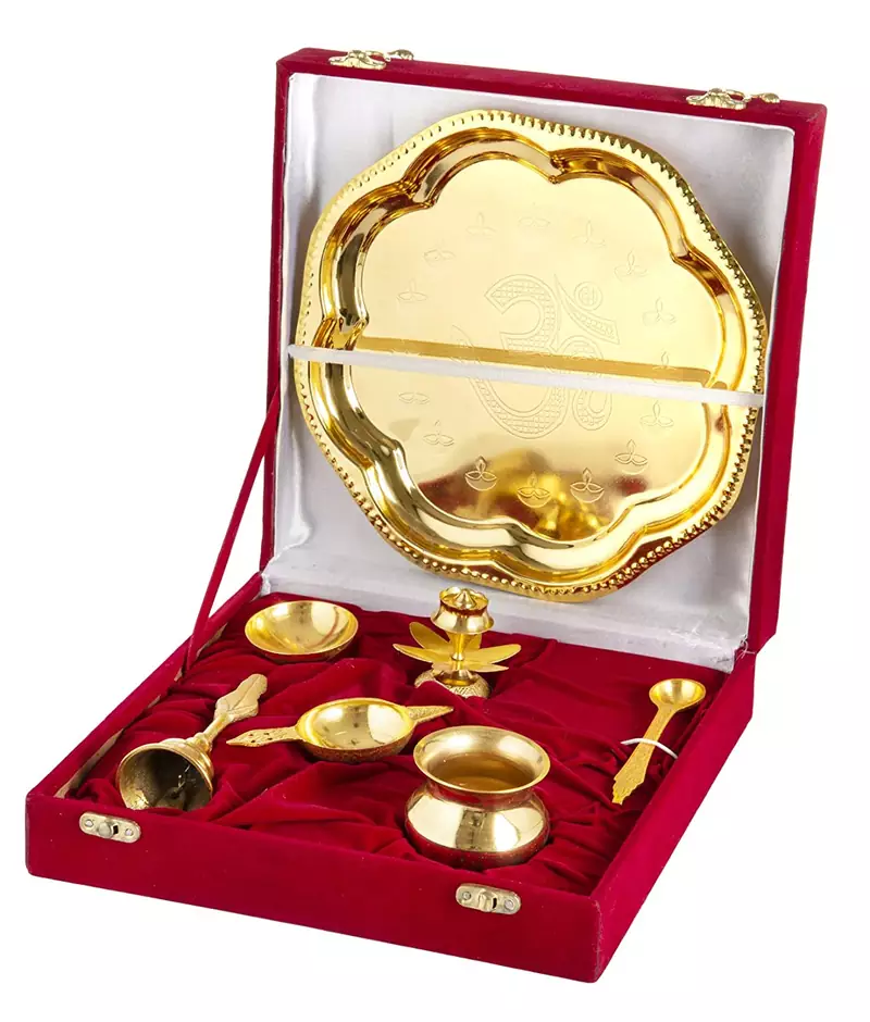 International Gift Brass Silver Plated Om Pooja Thali Set in Luxury Velvet Box