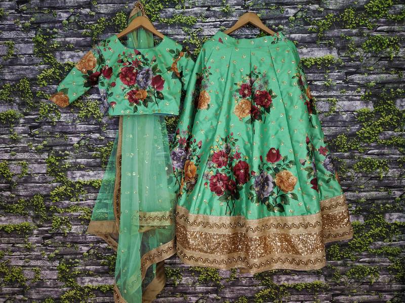 Green Pearl Dori And Sequins Embroidered Art Silk Designer Lehenga Choli For Wedding