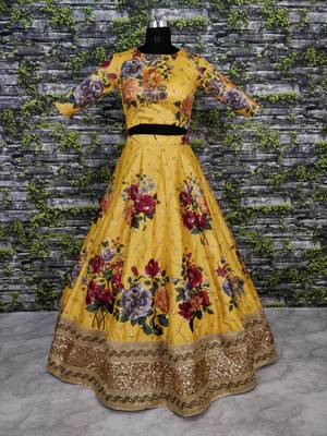 Yellow Pearl Dori And Sequins Embroidered Art Silk Semi Stitched Party Wear Lehenga Choli 7
