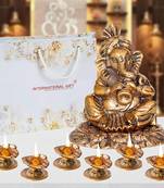 International Gift Brass Ganesh Statue with Shehanais with 6 Diya in Velvet Box