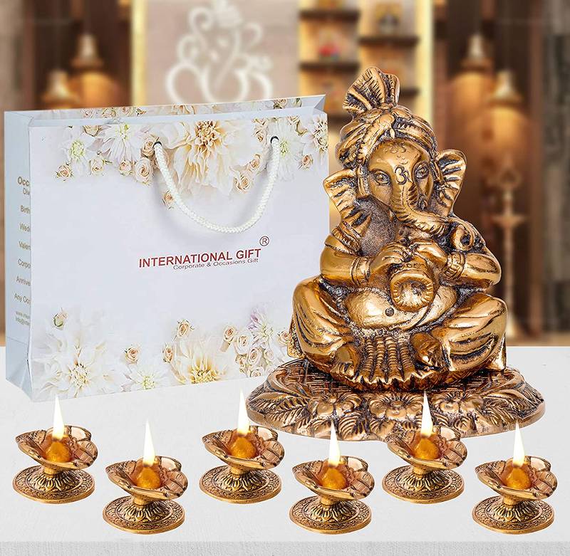International Gift Brass Ganesh Statue with Shehanais with 6 Diya in Velvet Box
