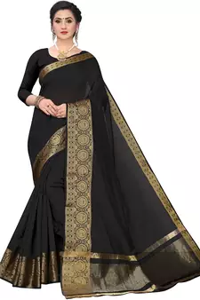 Leeza Store Women's Cotton Silk Golden Zari Border Jacquard Woven Plain Solid Saree with Unstitched Blouse Piece