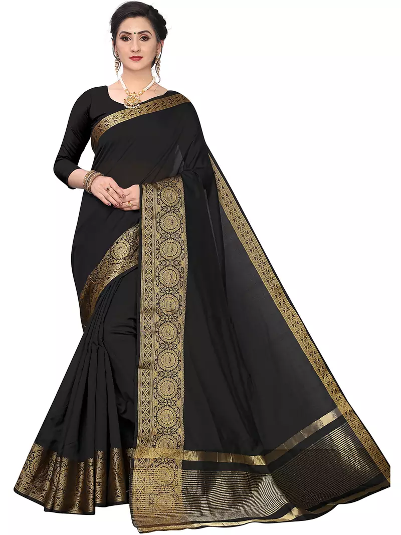 Leeza Store Women's Cotton Silk Golden Zari Border Jacquard Woven Plain Solid Saree with Unstitched Blouse Piece