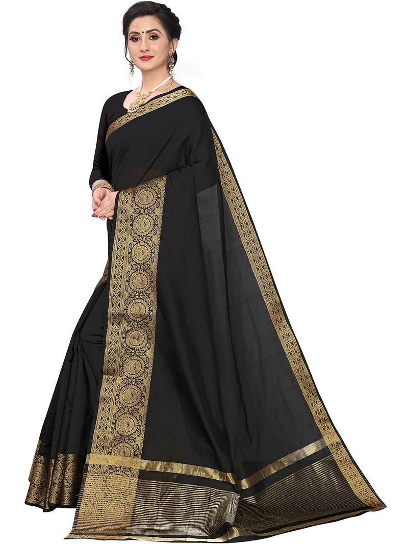 Leeza Store Women's Cotton Silk Golden Zari Border Jacquard Woven Plain Solid Saree with Unstitched Blouse Piece