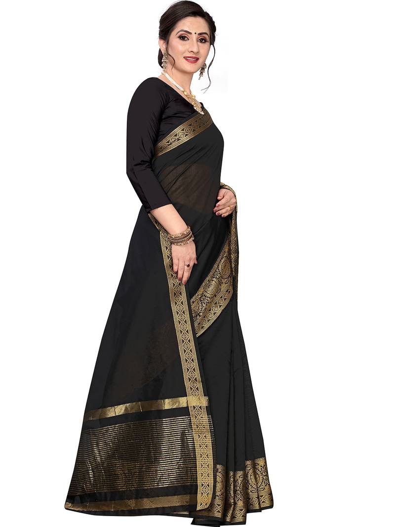 Leeza Store Women's Cotton Silk Golden Zari Border Jacquard Woven Plain Solid Saree with Unstitched Blouse Piece