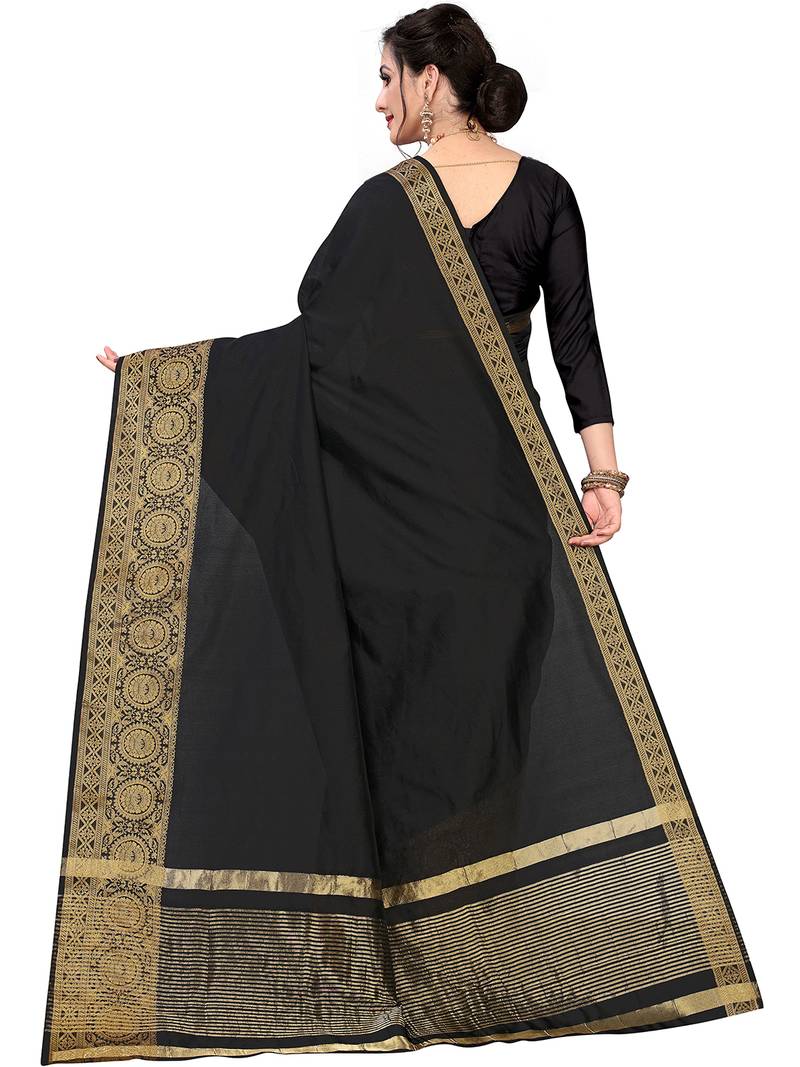 Leeza Store Women's Cotton Silk Golden Zari Border Jacquard Woven Plain Solid Saree with Unstitched Blouse Piece