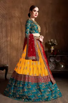 Fetching Yellow Red And Green Colored Zari & Sequins Embroidered Taffeta Silk Semi Stitched Wedding Lehenga