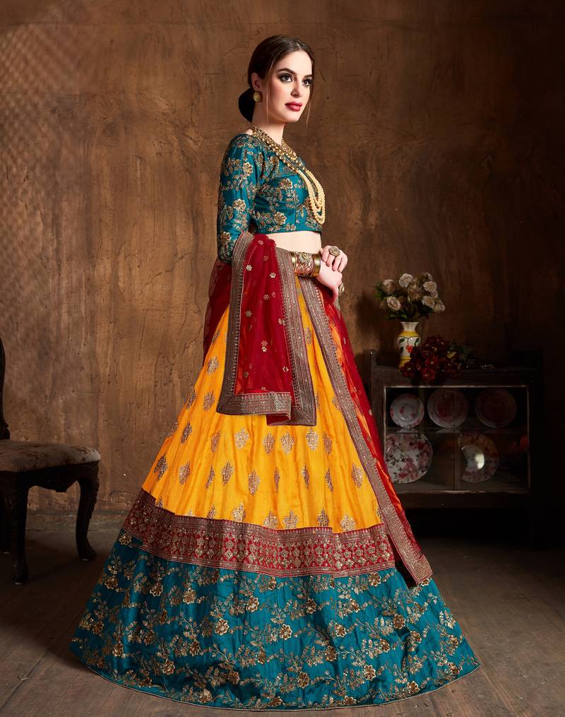 Fetching Yellow Red And Green Colored Zari & Sequins Embroidered Taffeta Silk Semi Stitched Wedding Lehenga