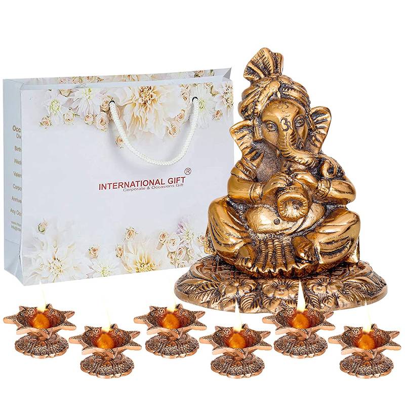 International Gift Brass Ganesh with Shehanais Idol in Velvet Box and 6 Diya