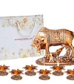 International Gift Brass Copper Kamdhenu Cow with Laddu Gopal Idol in Velvet Box with 6 Diya