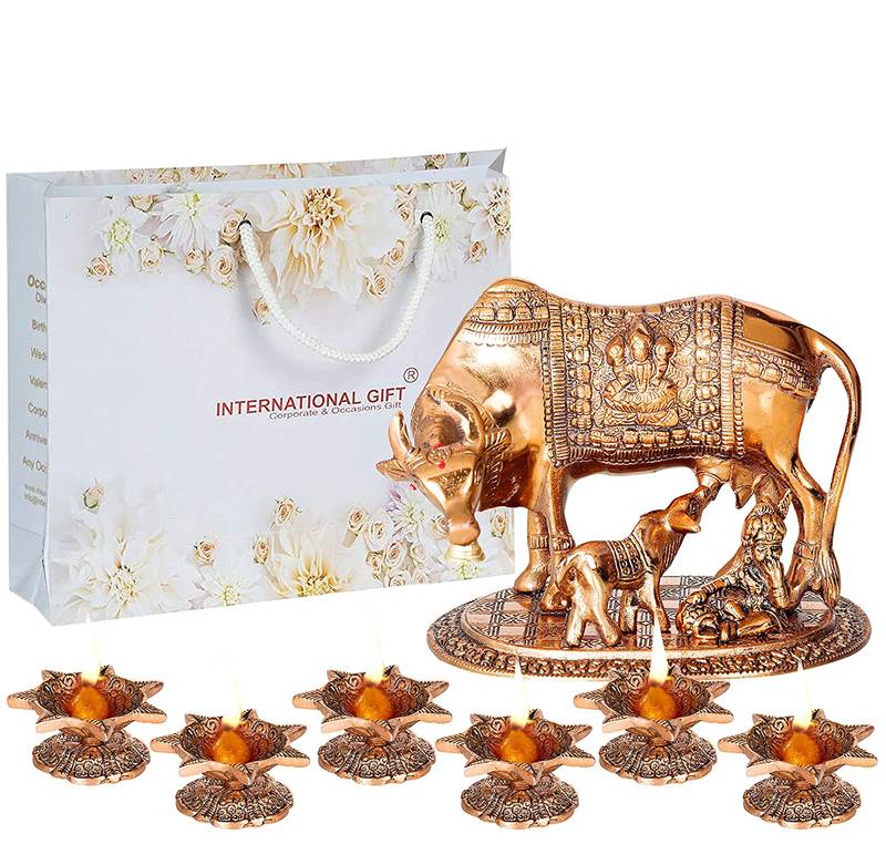 International Gift Brass Copper Kamdhenu Cow with Laddu Gopal Idol in Velvet Box with 6 Diya