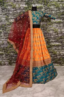 Fetching Yellow Red And Green Colored Zari & Sequins Embroidered Taffeta Silk Semi Stitched Wedding Lehenga