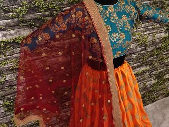 Fetching Yellow Red And Green Colored Zari & Sequins Embroidered Taffeta Silk Semi Stitched Wedding Lehenga 7