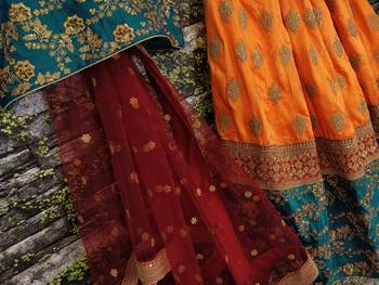 Fetching Yellow Red And Green Colored Zari & Sequins Embroidered Taffeta Silk Semi Stitched Wedding Lehenga 8
