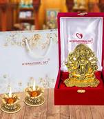 International Gift Aluminium Golden 5 Mukhi Hanuman with Shehanais in Velvet Box with 2 Diya
