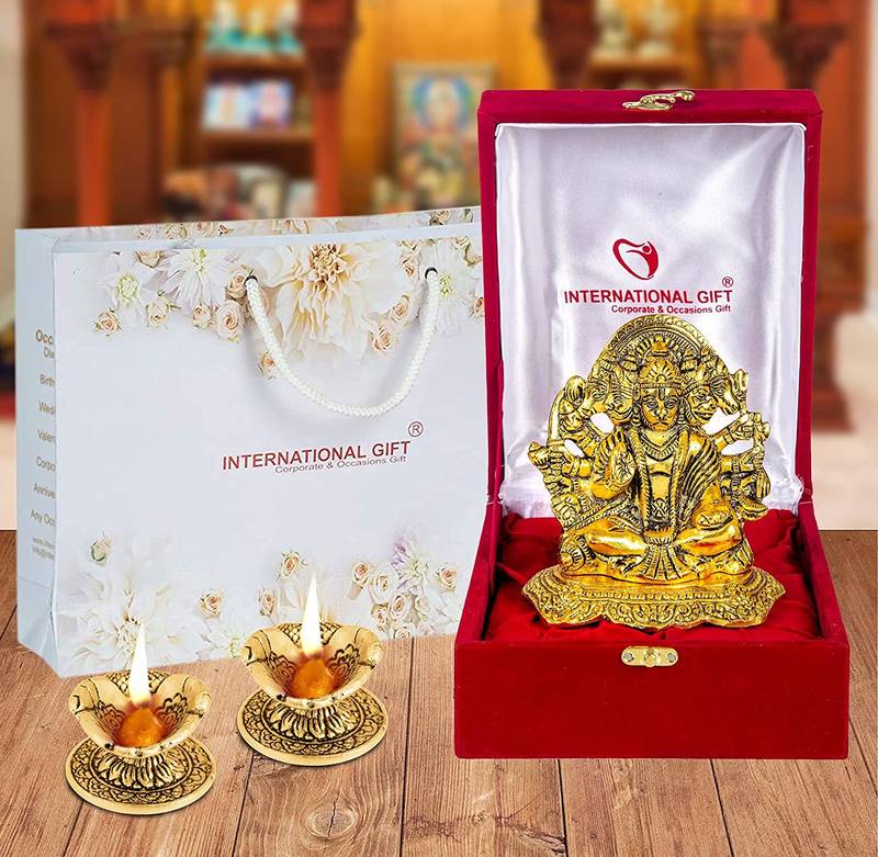 International Gift Aluminium Golden 5 Mukhi Hanuman with Shehanais in Velvet Box with 2 Diya