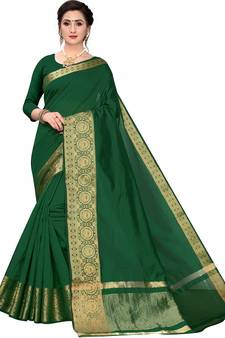 Leeza Store Women's Cotton Silk Golden Zari Border Jacquard Woven Plain Solid Saree with Unstitched Blouse Piece