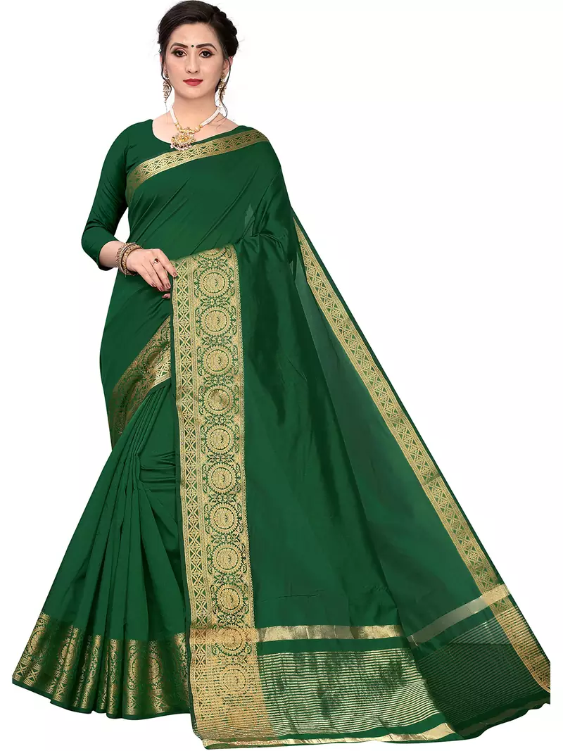 Leeza Store Women's Cotton Silk Golden Zari Border Jacquard Woven Plain Solid Saree with Unstitched Blouse Piece