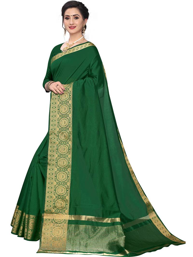 Leeza Store Women's Cotton Silk Golden Zari Border Jacquard Woven Plain Solid Saree with Unstitched Blouse Piece