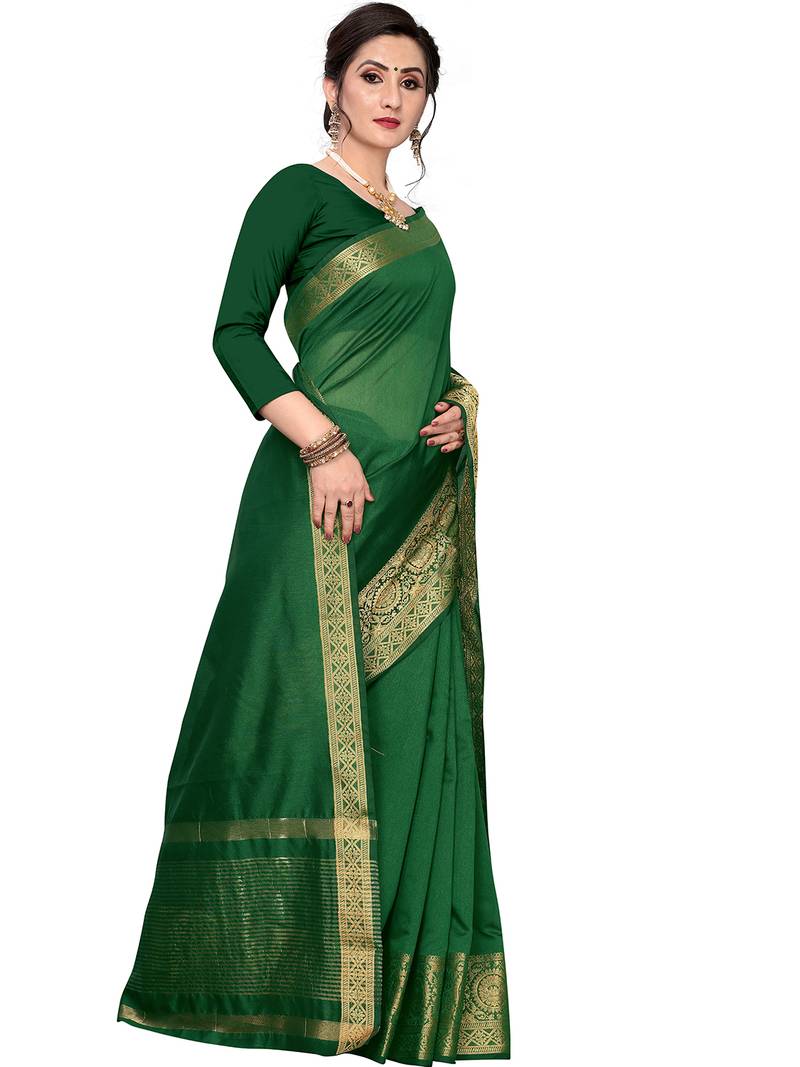 Leeza Store Women's Cotton Silk Golden Zari Border Jacquard Woven Plain Solid Saree with Unstitched Blouse Piece