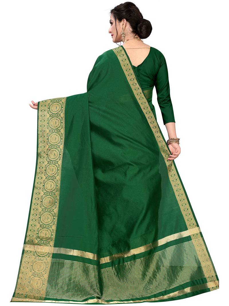 Leeza Store Women's Cotton Silk Golden Zari Border Jacquard Woven Plain Solid Saree with Unstitched Blouse Piece