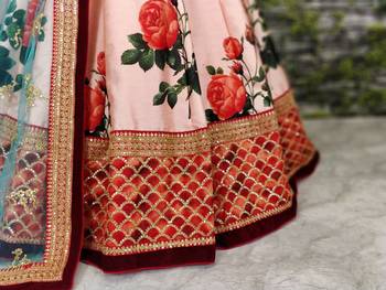 Seductive Rose Pink Dori and Sequins Embroiderey on Digital Floral Print Art Silk Fabric Lehenga choli for wedding 5