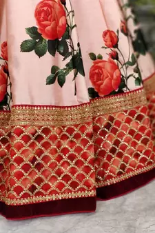 Seductive Rose Pink Dori and Sequins Embroiderey on Digital Floral Print Art Silk Fabric Lehenga choli for wedding
