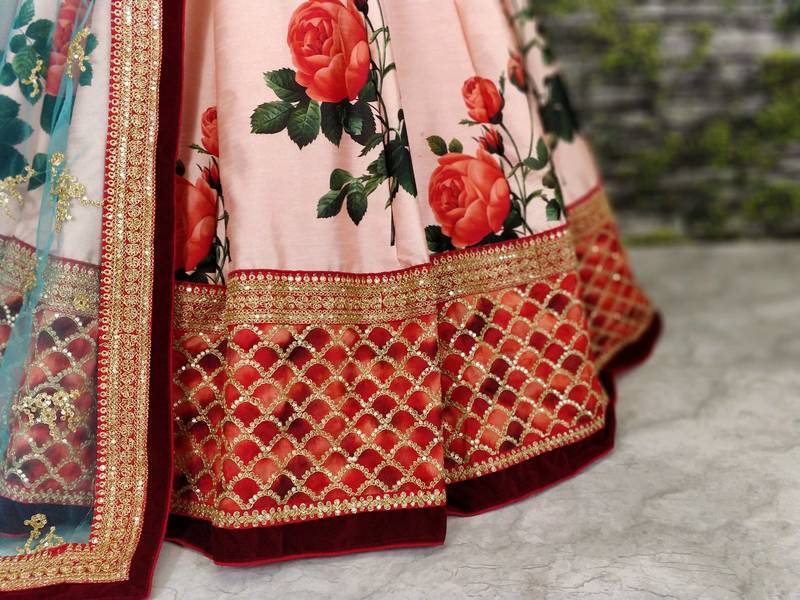 Seductive Rose Pink Dori and Sequins Embroiderey on Digital Floral Print Art Silk Fabric Lehenga choli for wedding