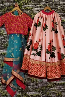 Seductive Rose Pink Dori and Sequins Embroiderey on Digital Floral Print Art Silk Fabric Lehenga choli for wedding