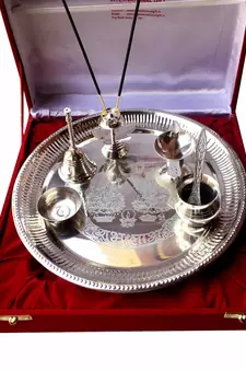 International Gift Aluminium Silver Laxmi Ganesh Design Pooja Thali (Set 6 pcs)