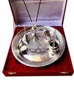 International Gift Aluminium Silver Laxmi Ganesh Design Pooja Thali (Set 6 pcs)