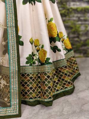 Ravishing Green Dori and Sequins Embroidered & Digital Printed Designer Floral Silk Lehenga 5