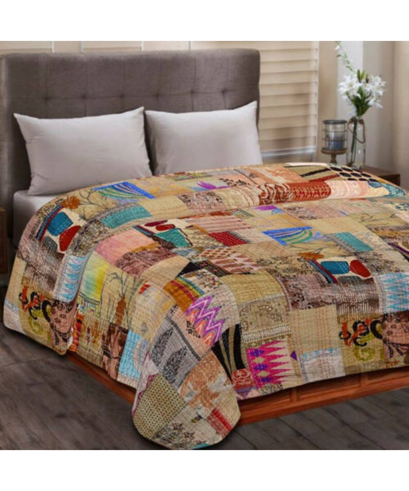 Kantha Quilt Bedspread Bedding Throw Cotton Blanket Floral