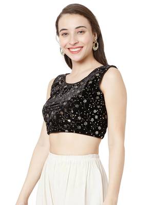 Salwar Studio Women's Black Velvet Readymade Free Size Saree Blouse 3