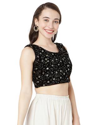 Salwar Studio Women's Black Velvet Readymade Free Size Saree Blouse 4