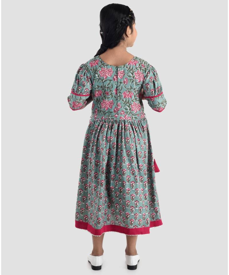 Kinder Kids  Green Katha Floral Printed Dress adjustable at waist