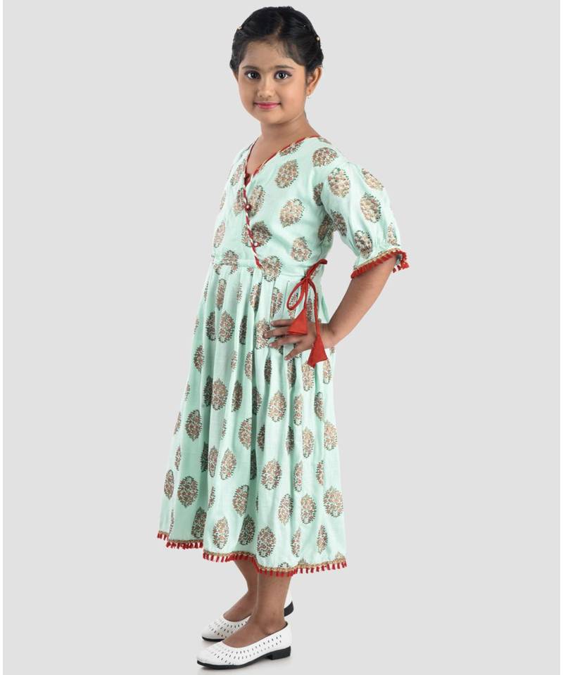 Kinder Kids  Blue Floral Printed Dress adjustable at waist