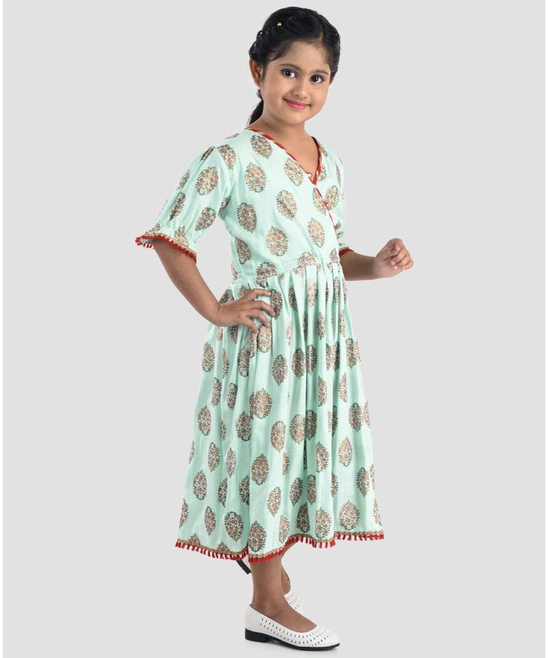 Kinder Kids  Blue Floral Printed Dress adjustable at waist