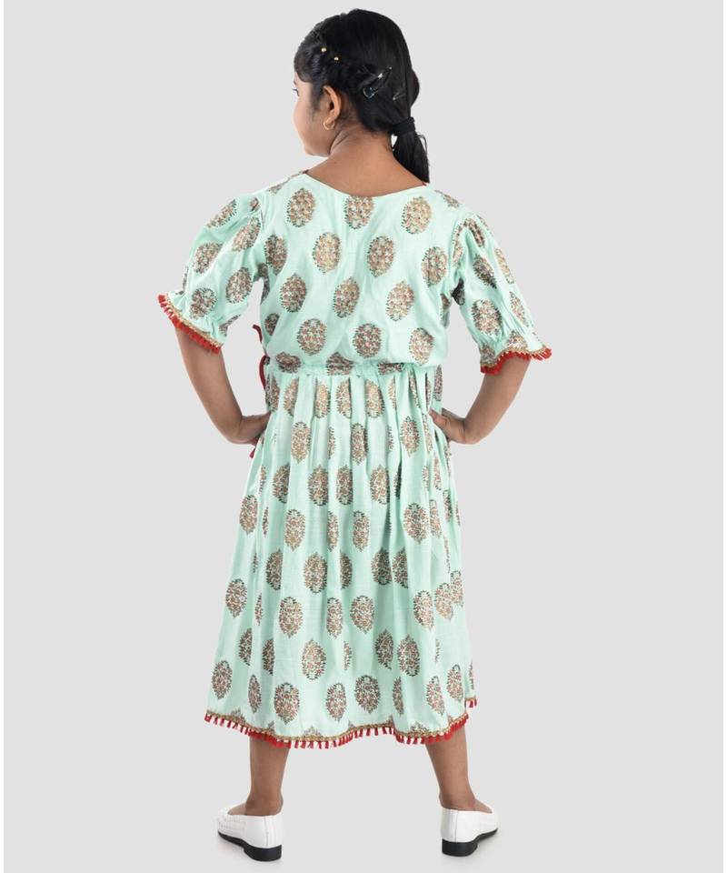 Kinder Kids  Blue Floral Printed Dress adjustable at waist