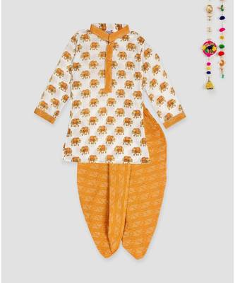 Kinder Kids White Elephant Printed Kurta with katha dhoti- Yellow 1