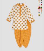 Kinder Kids White Elephant Printed Kurta with katha dhoti- Yellow
