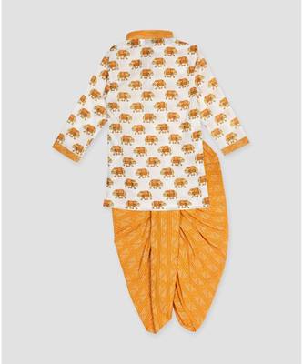 Kinder Kids White Elephant Printed Kurta with katha dhoti- Yellow 2