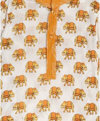 Kinder Kids White Elephant Printed Kurta with katha dhoti- Yellow 3