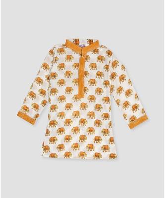 Kinder Kids White Elephant Printed Kurta with katha dhoti- Yellow 4