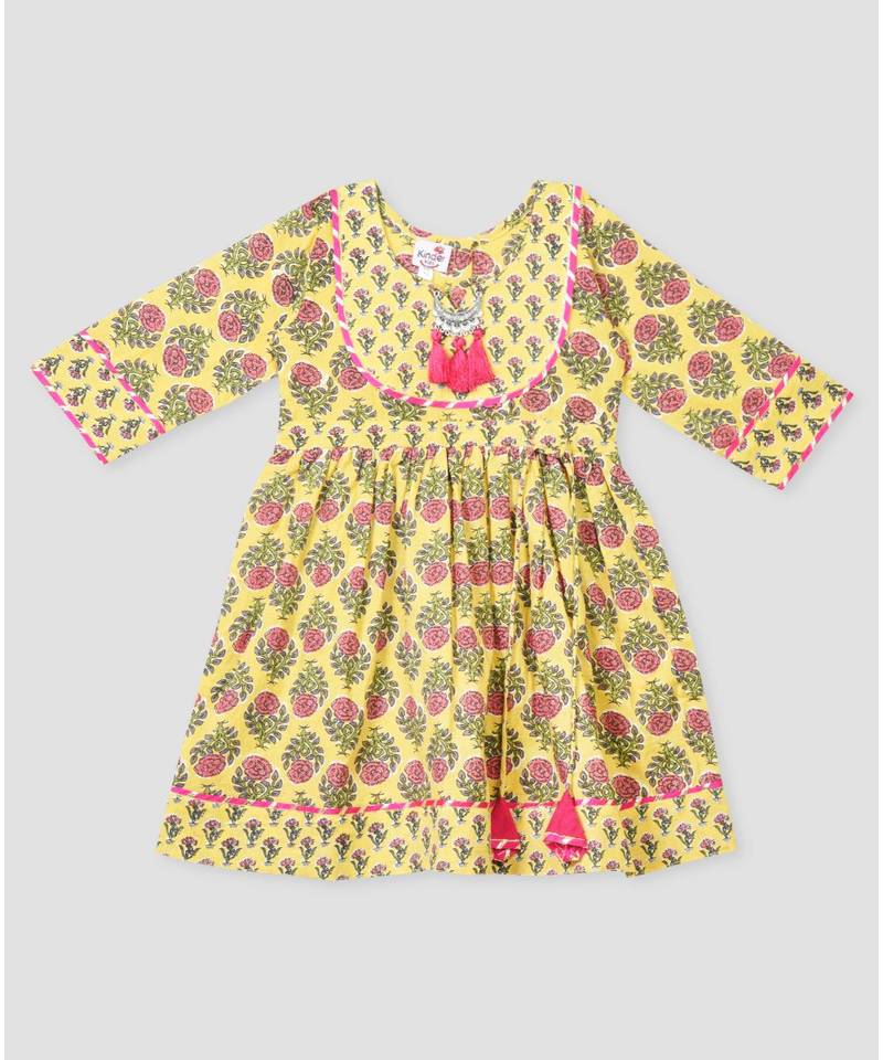 Kinder Kids Floral Printed Dress-Peach